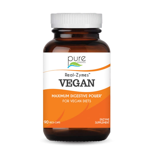 Pure Essence Labs Real-Zymes bottle with capsules for gentle digestion support.