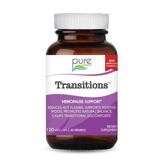 Pure Essence Labs Transitions bottle front view shows branding and capsule packaging for hormonal balance