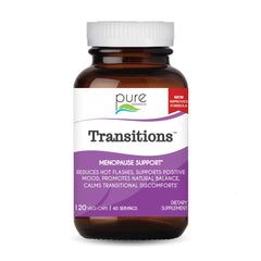 Pure Essence Labs Transitions bottle front view shows branding and capsule packaging for hormonal balance