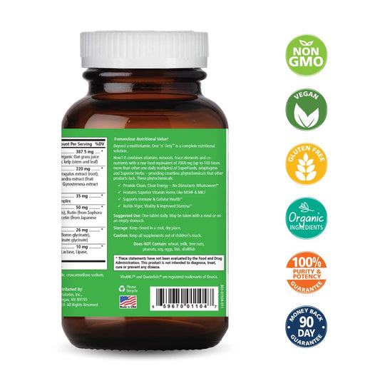 One n Only bottle label close-up highlights vitamins, minerals, and 7500mg of whole foods.