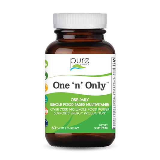 Pure Essence One n Only multivitamin bottle front showing whole-food nutrients for daily energy.