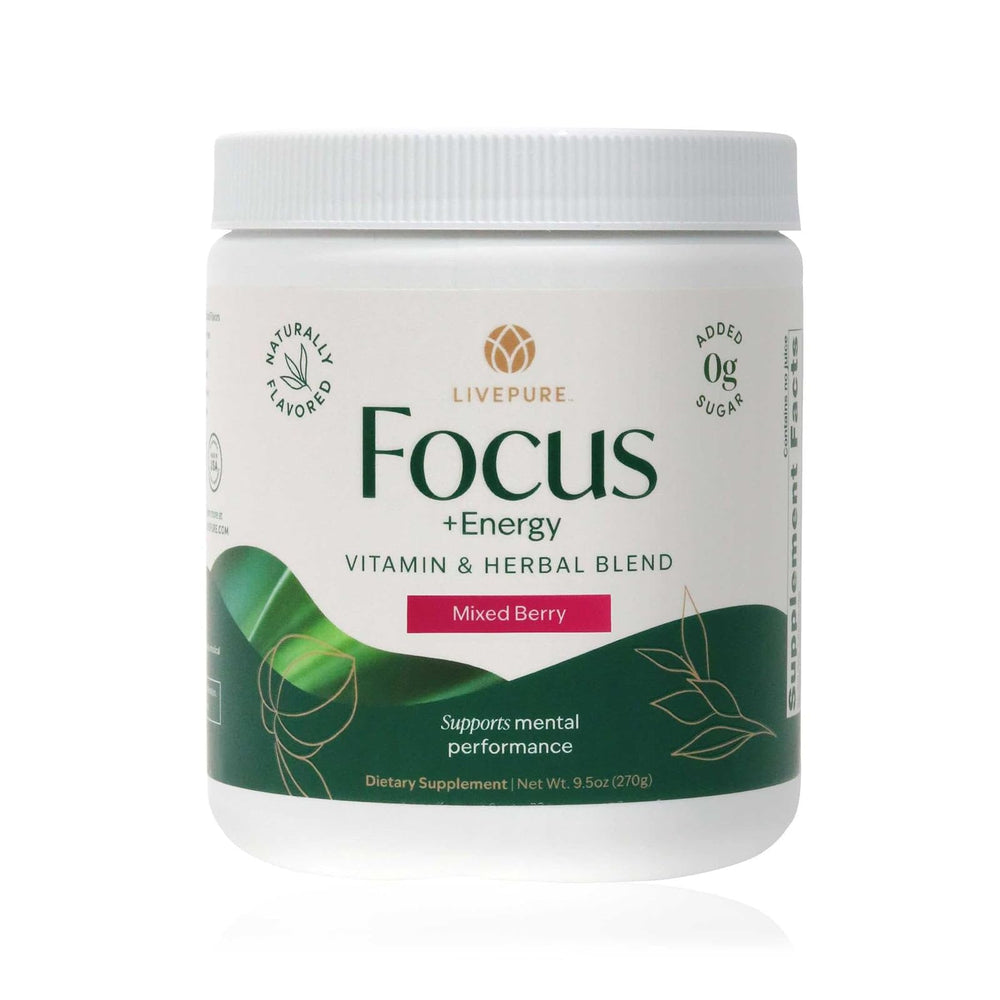 PURE Focus Energy tub drink mix bottle-front label highlights natural caffeine and antioxidants