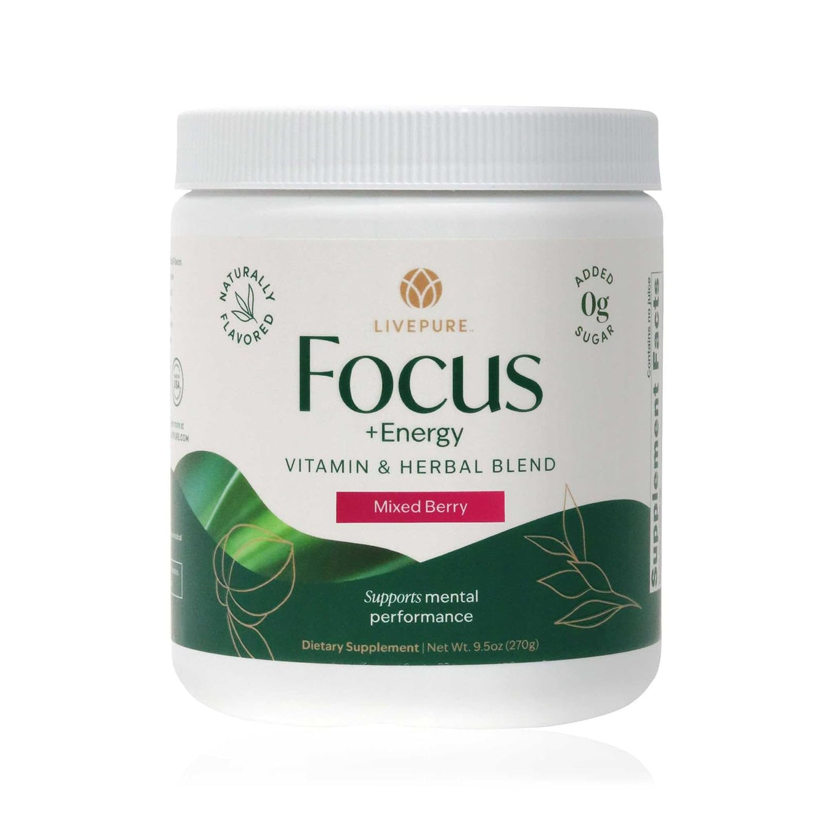 PURE Focus Energy tub drink mix bottle-front label highlights natural caffeine and antioxidants
