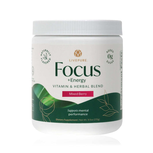 PURE Focus Energy tub drink mix bottle-front label highlights natural caffeine and antioxidants