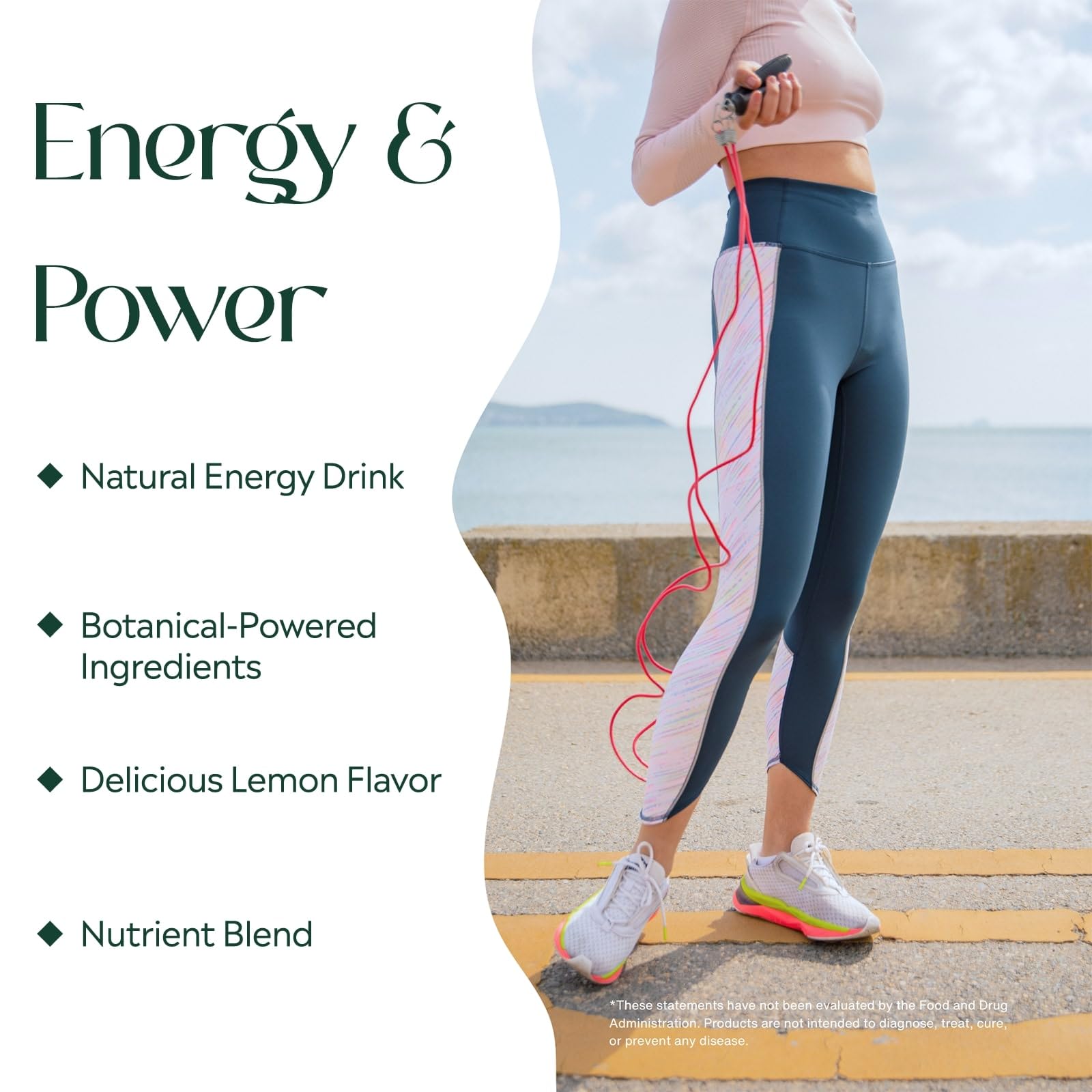 A clear glass shows a crisp lemon beverage with clean energy