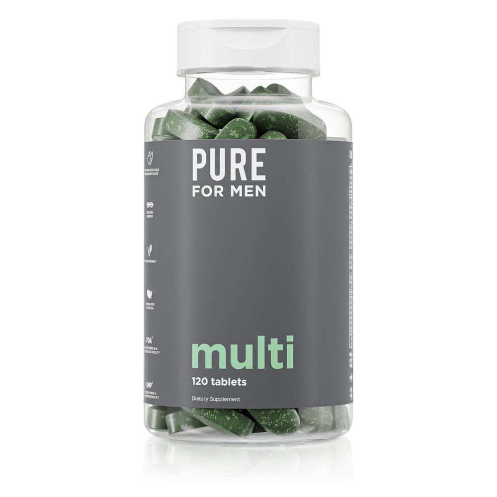 Pure for Men multivitamin bottle front highlighting energy support.