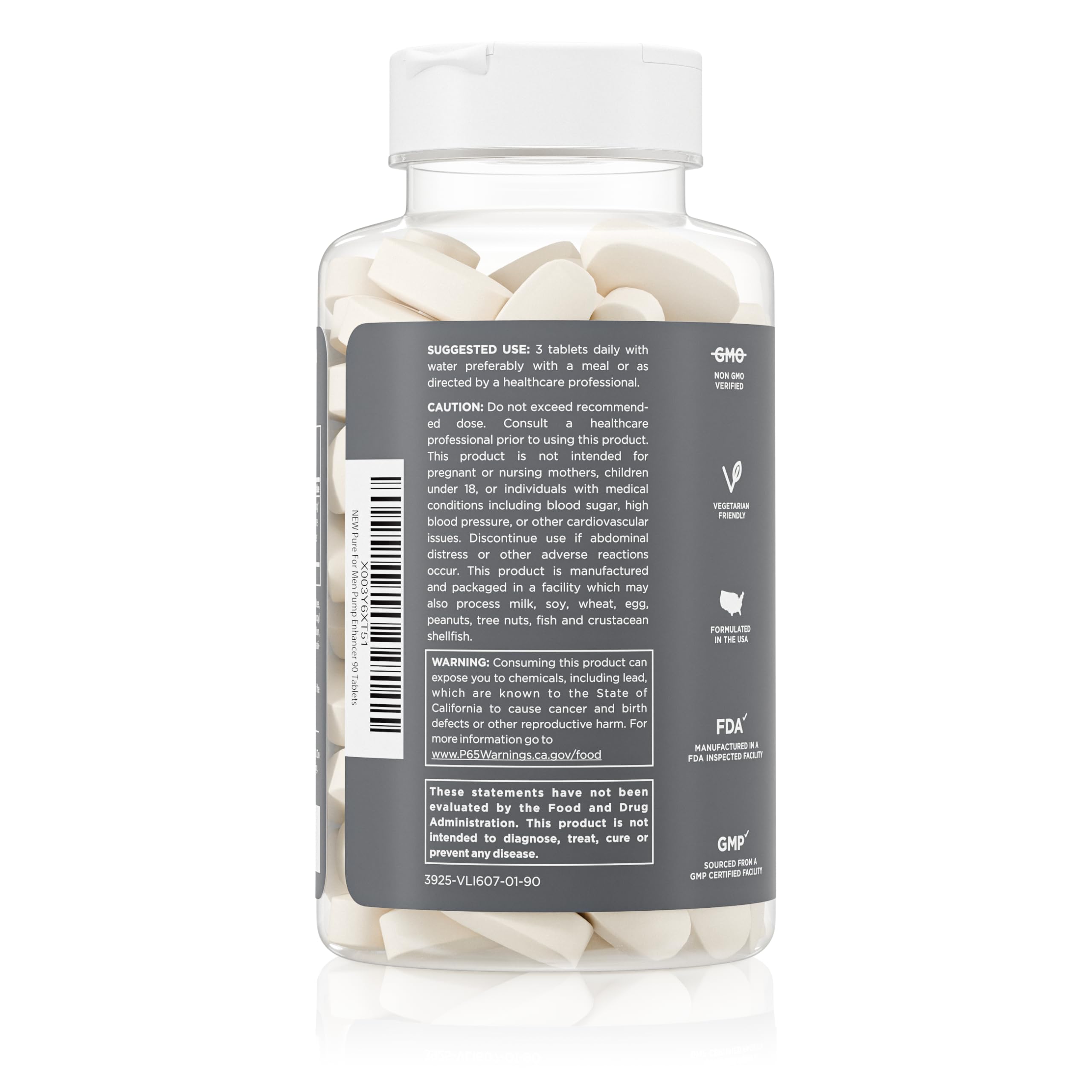 Pure for Men Pump Enhancer bottle with science panel highlighting L-Arginine and L-Citrulline