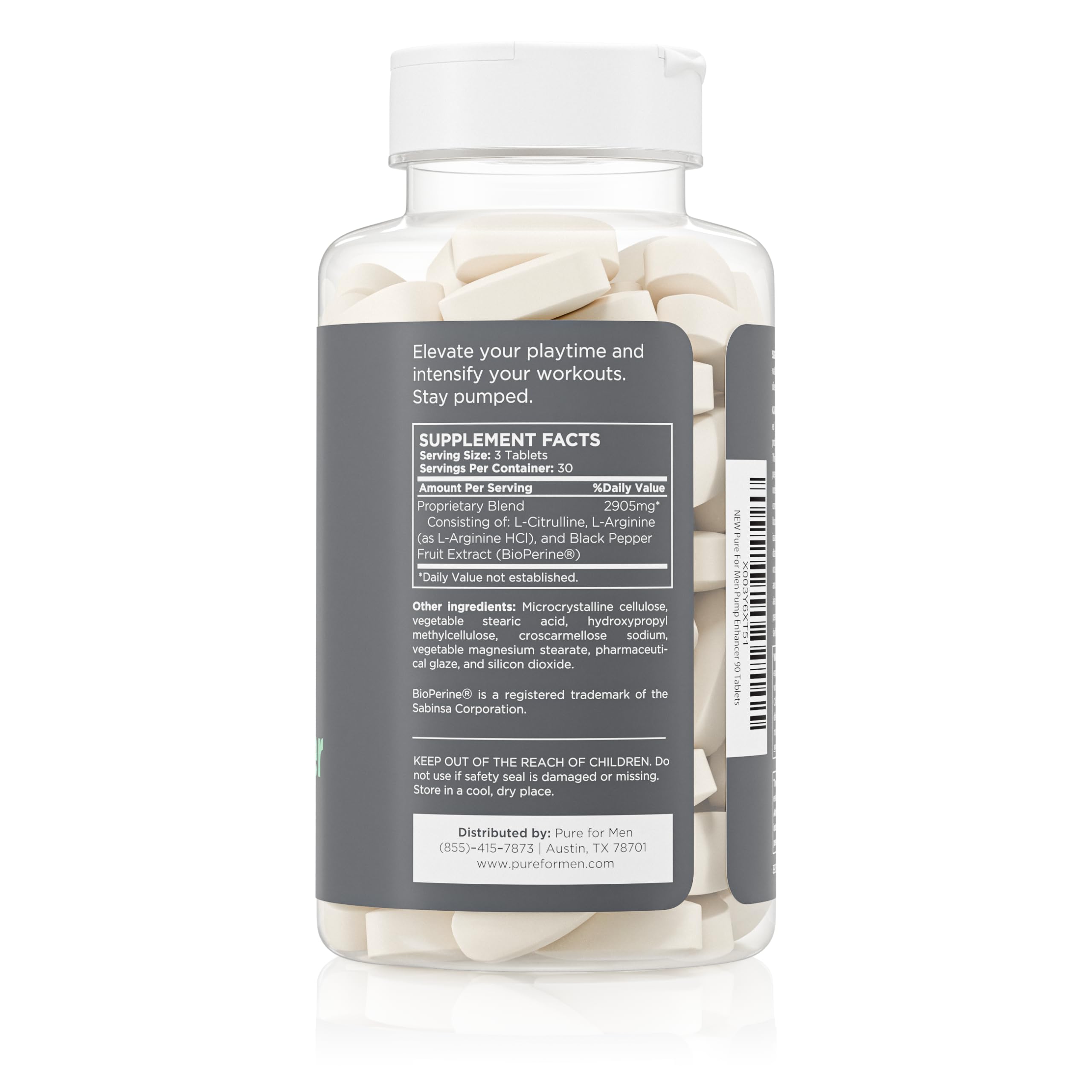 Close-up of Pure for Men Pump Enhancer capsules indicating vegan formula