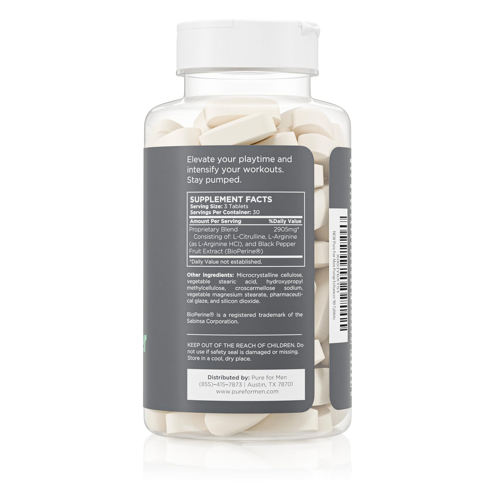 Close-up of Pure for Men Pump Enhancer capsules indicating vegan formula