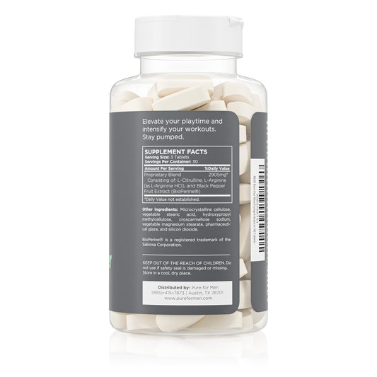 Close-up of Pure for Men Pump Enhancer capsules indicating vegan formula