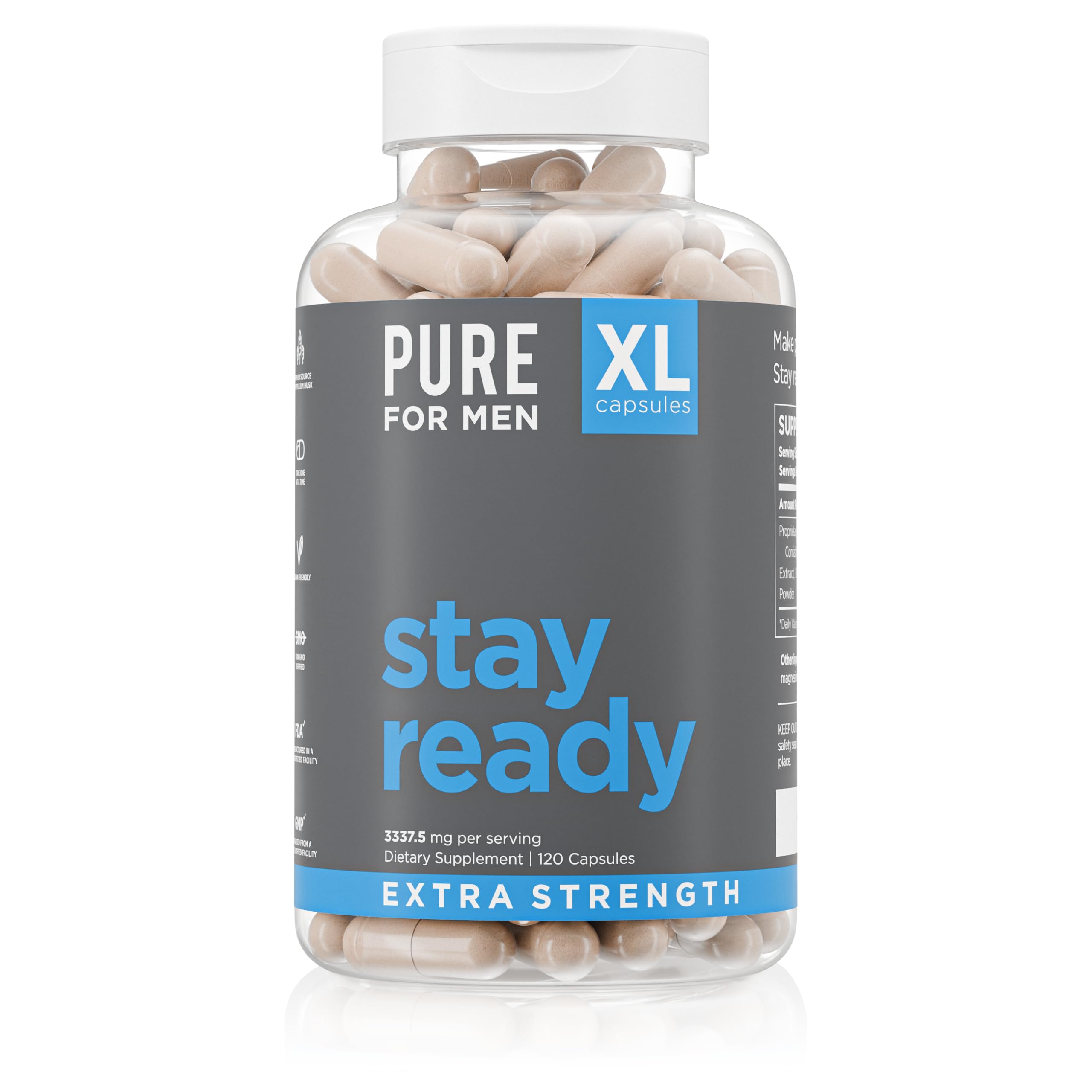 Pure for Men Stay Ready Fiber bottle pour shows easy daily use for digestive support