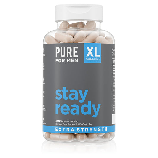 Pure for Men Stay Ready Fiber bottle pour shows easy daily use for digestive support