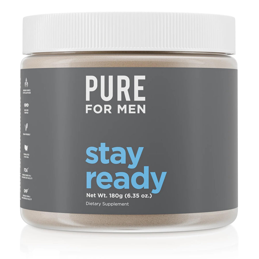 Pure for Men Stay Ready Fiber bottle highlighting plant based digestive support.