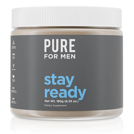 Pure for Men Stay Ready Fiber bottle highlighting plant based digestive support.