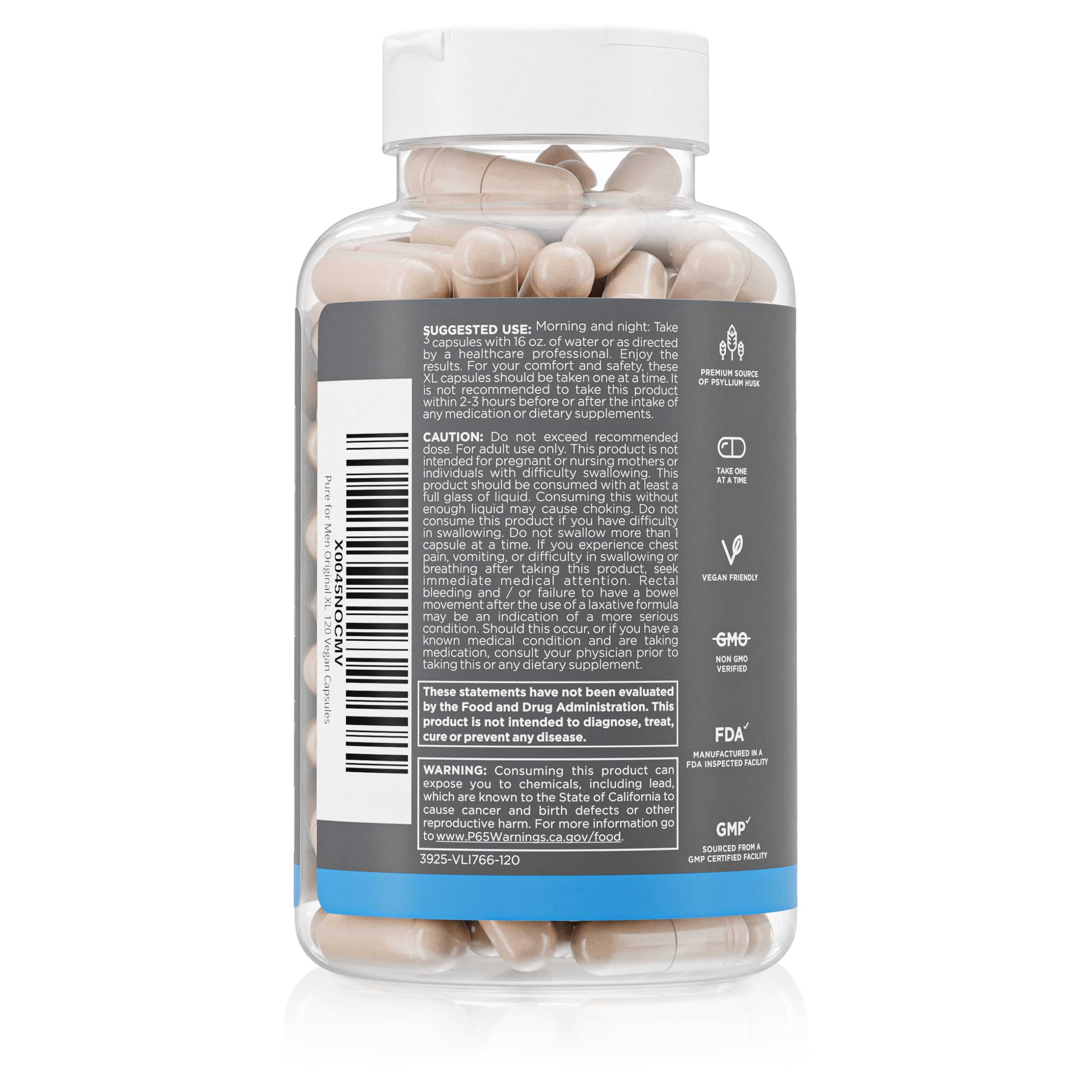 Pure for Men Stay Ready Fiber capsules closeup highlight vegan extra-strength fiber for regularity