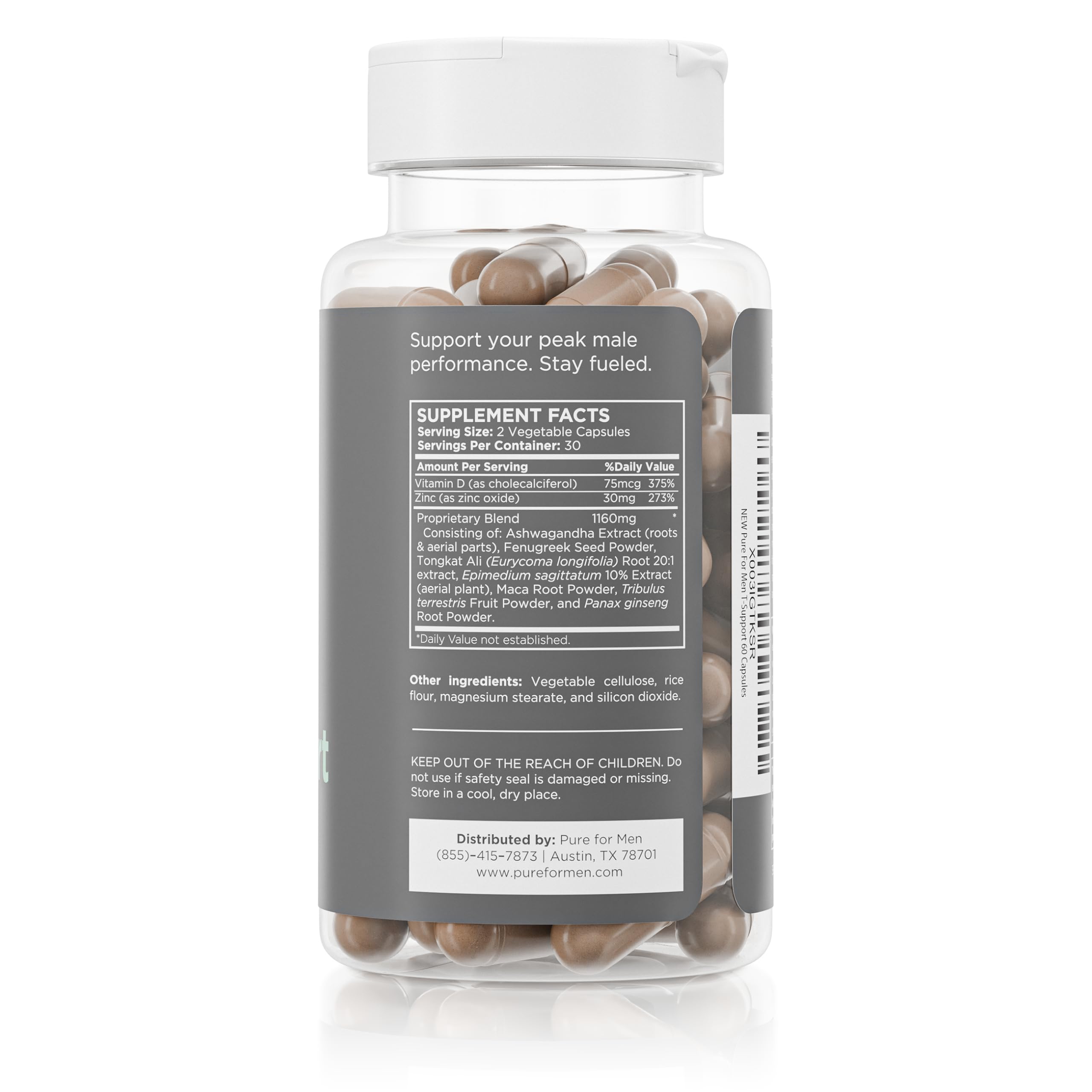 Pure for Men T-Support bottle back label highlights vegetarian blend