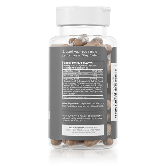 Pure for Men T-Support bottle back label highlights vegetarian blend