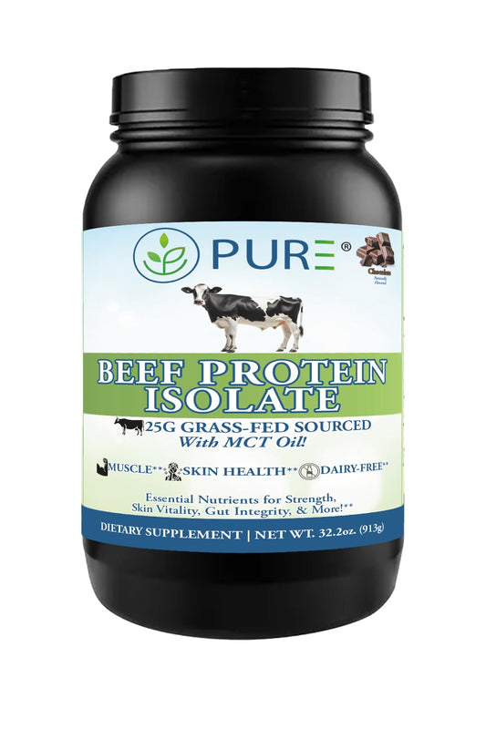 PURE grass-fed beef protein isolate chocolate bottle showing dairy-free protein for muscle recovery.