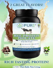 PURE grass-fed beef protein isolate chocolate scoop ready to mix with cold water or dairy-free milk.