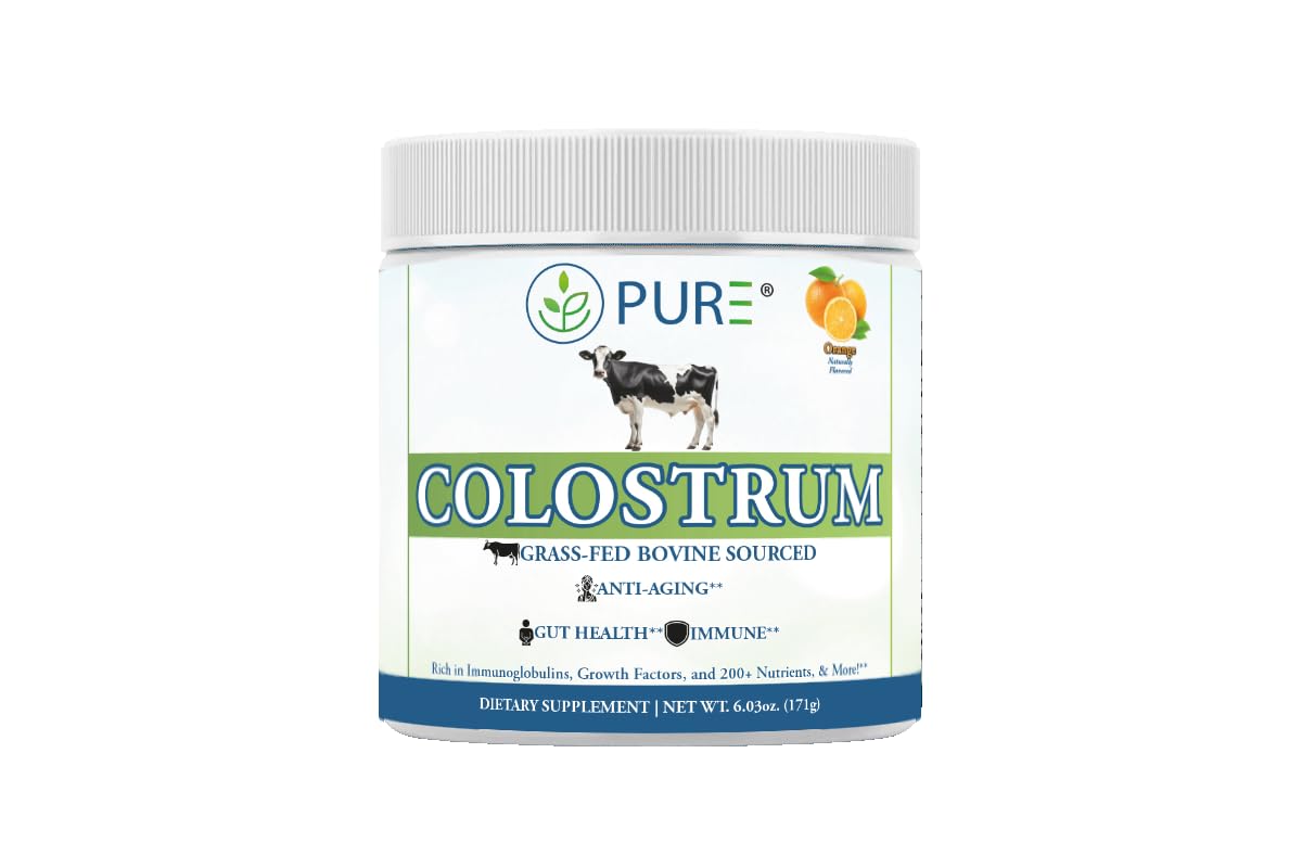 PURE Grass-Fed Colostrum Powder bottle on a counter, signaling daily vitality and clean nutrition.