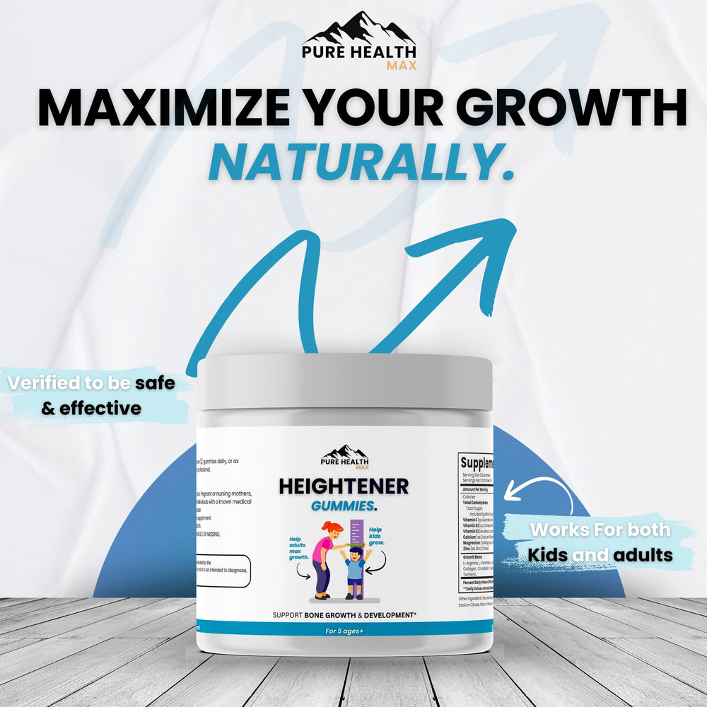 PURE HEALTH MAX Heightener label provides daily use guidance and nutrition facts