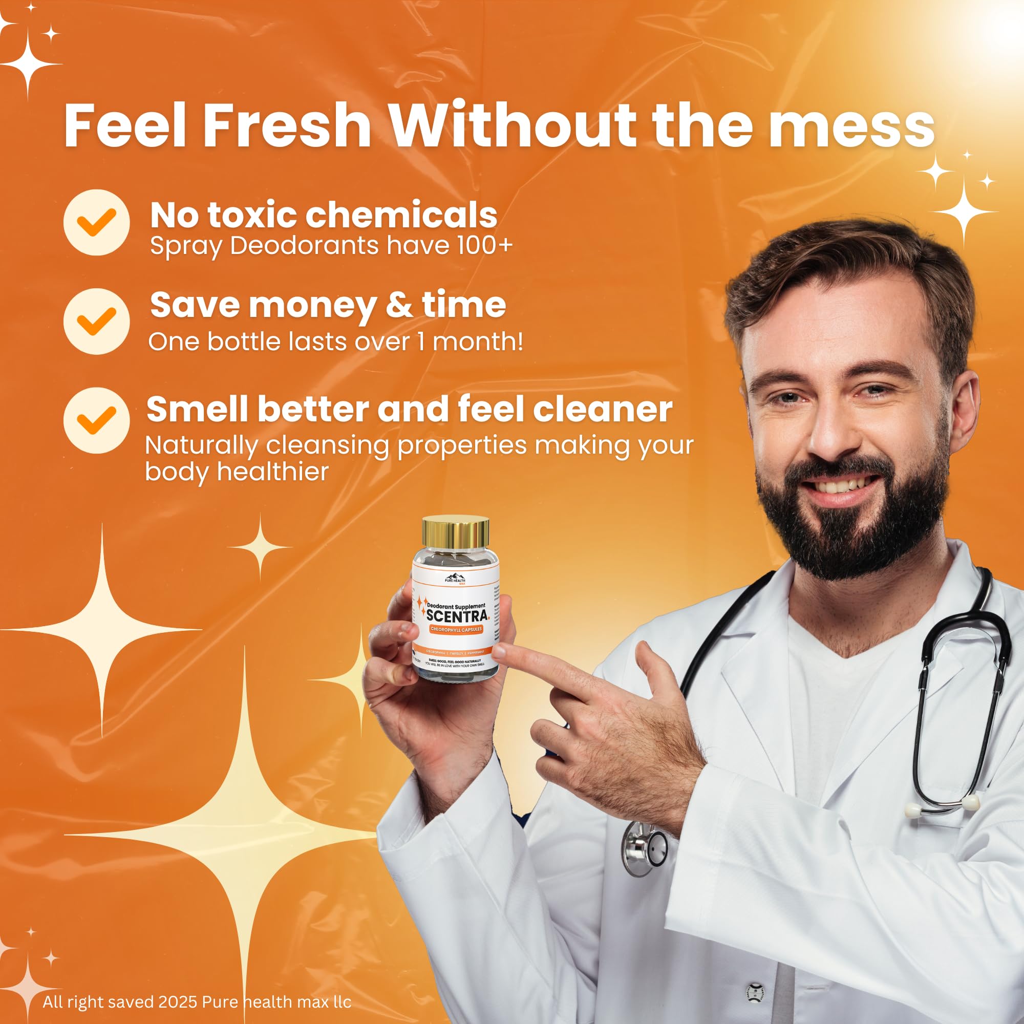 PURE HEALTH MAX Scentra bottle being poured demonstrates easy daily intake.