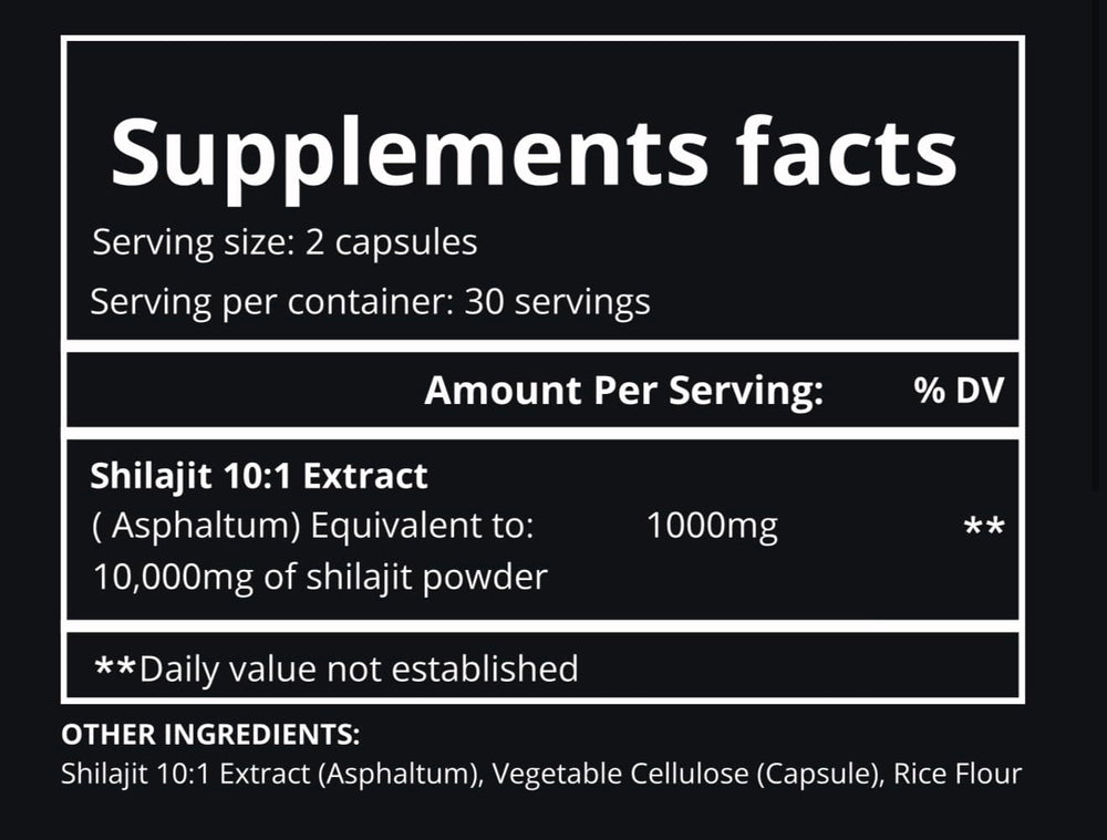 Pure Himalayan Shilajit Capsules packaging details show capsule count and clean design.