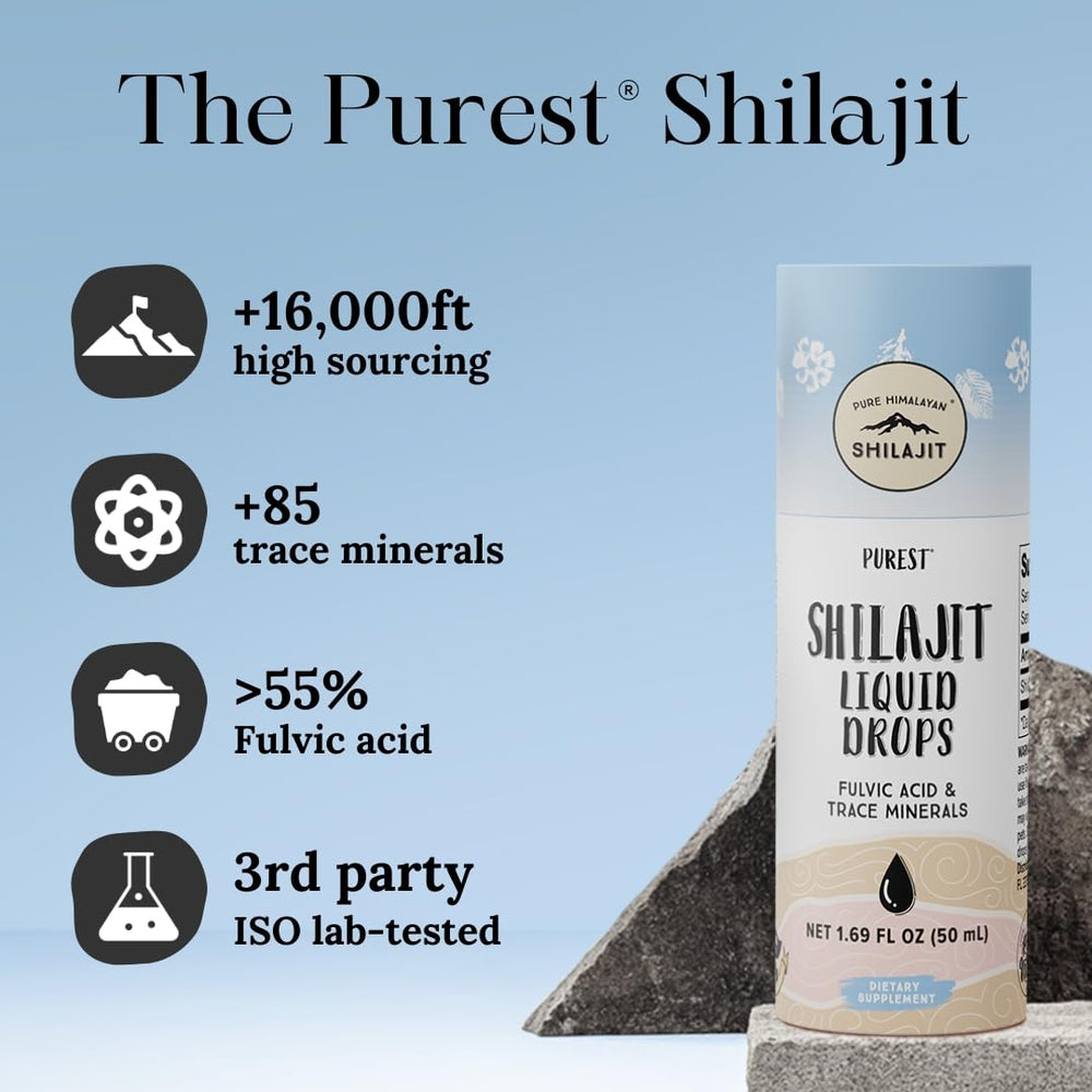 Pure Himalayan Shilajit Liquid Drops mountains backdrop emphasizes natural origin.