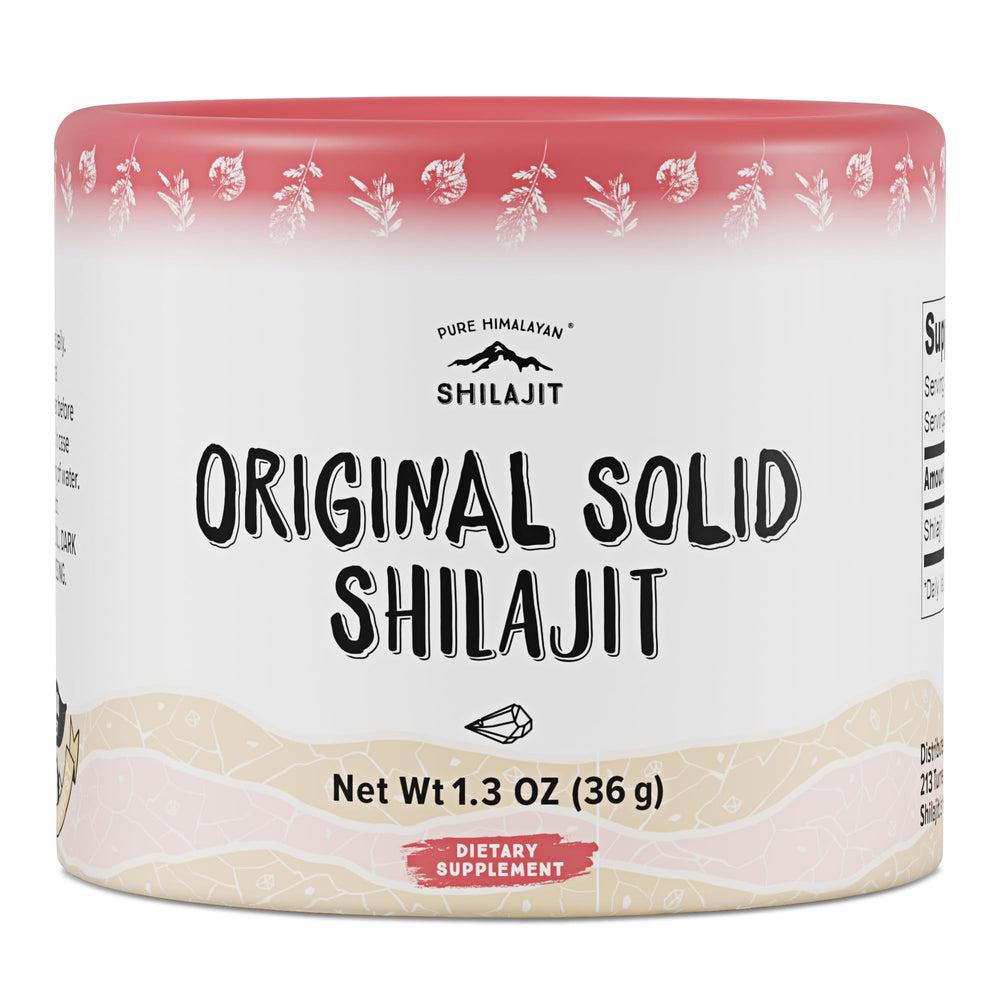 Pure Himalayan Shilajit solid packaging shows a 36g jar for easy daily use.