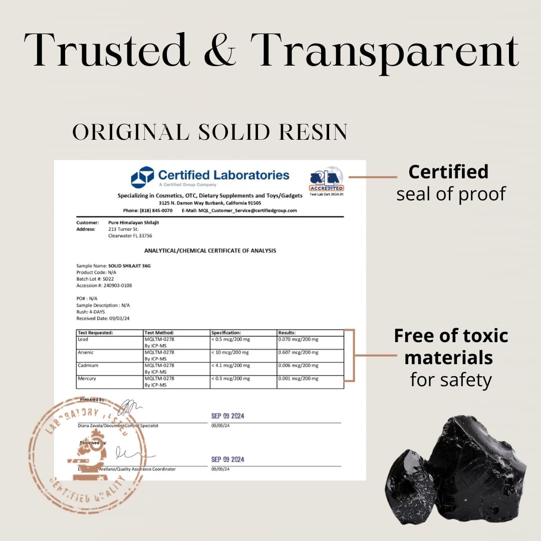 Third-party lab certificate badge on Pure Himalayan Shilajit solid ensures safety.