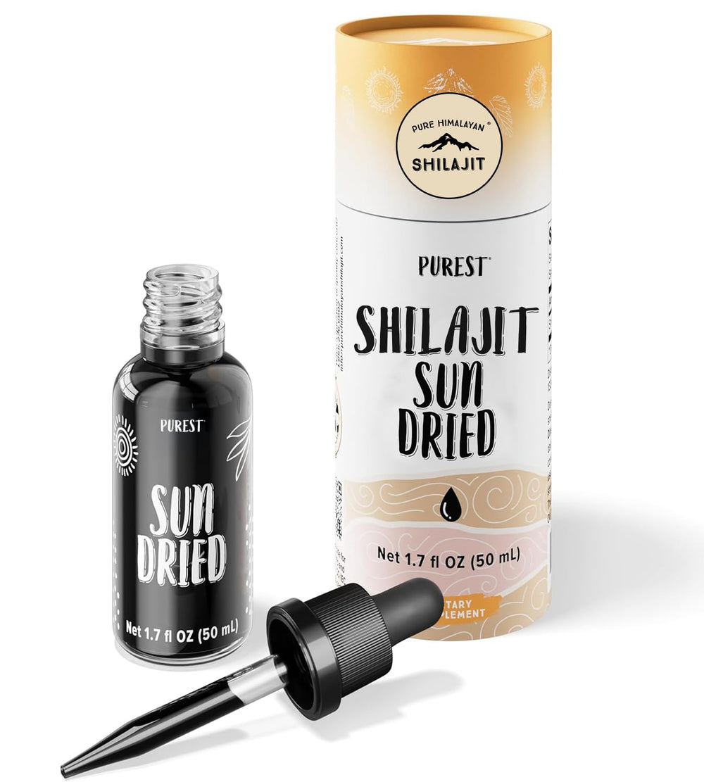 Pure Himalayan Shilajit bottle with sun-dried drops for daily energy support.