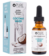 Pure Inventions Coconut Water Infusion Drops bottle front, sleek glass packaging for healthy hydration.