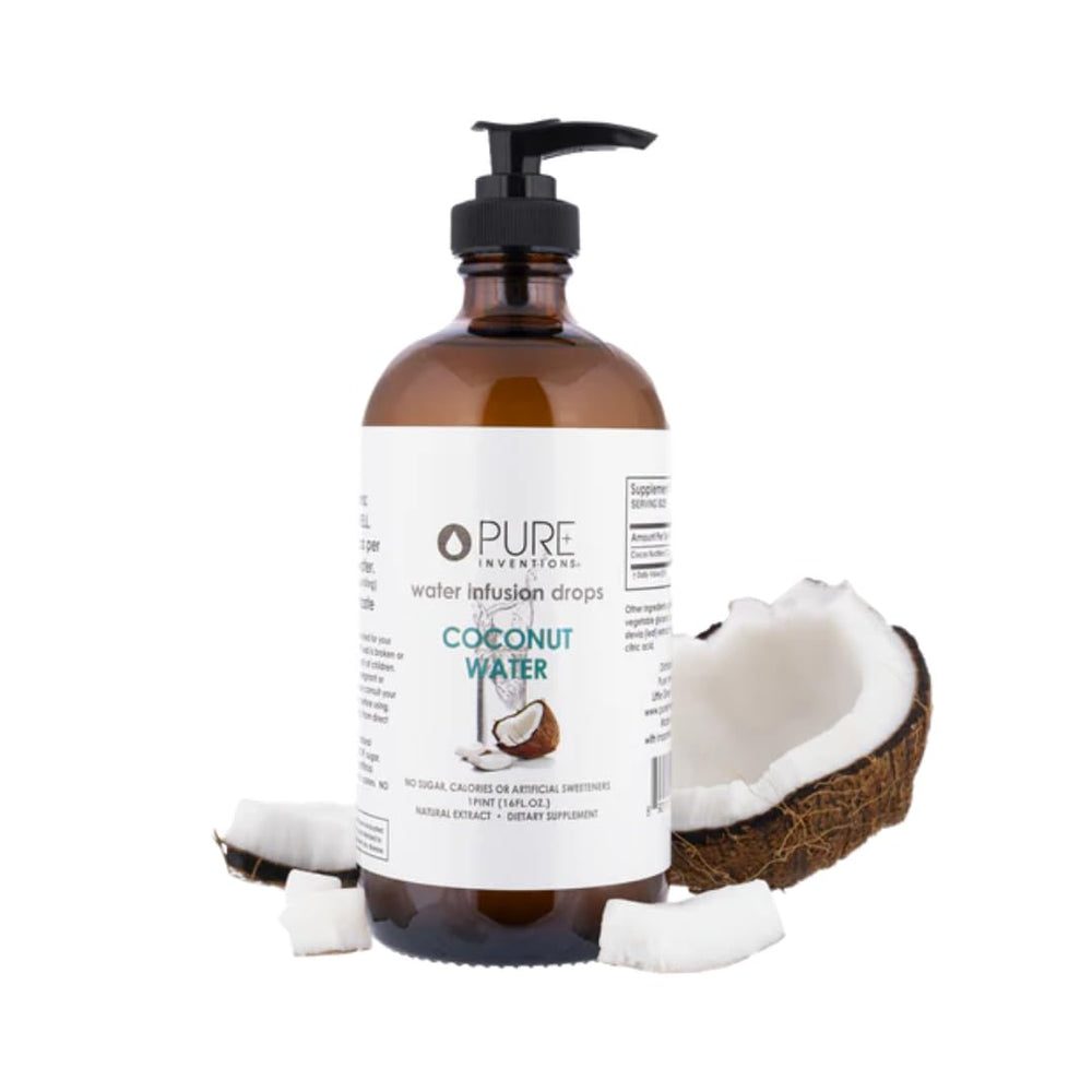 Pure Inventions Coconut Water Infusion Drops bottle on kitchen counter for hydration.