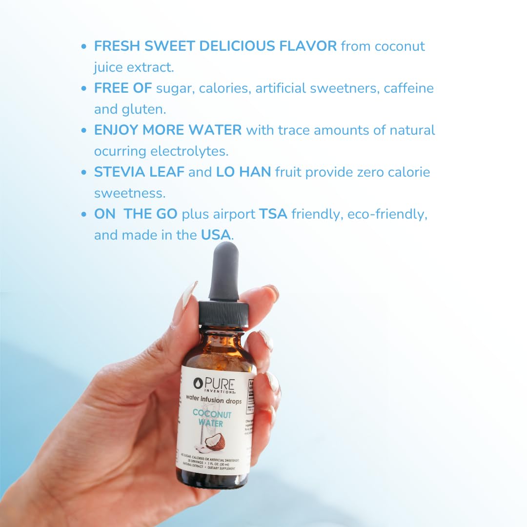 Pure Inventions Coconut Water Infusion Drops closeup on clear bottle reveals clean ingredients.