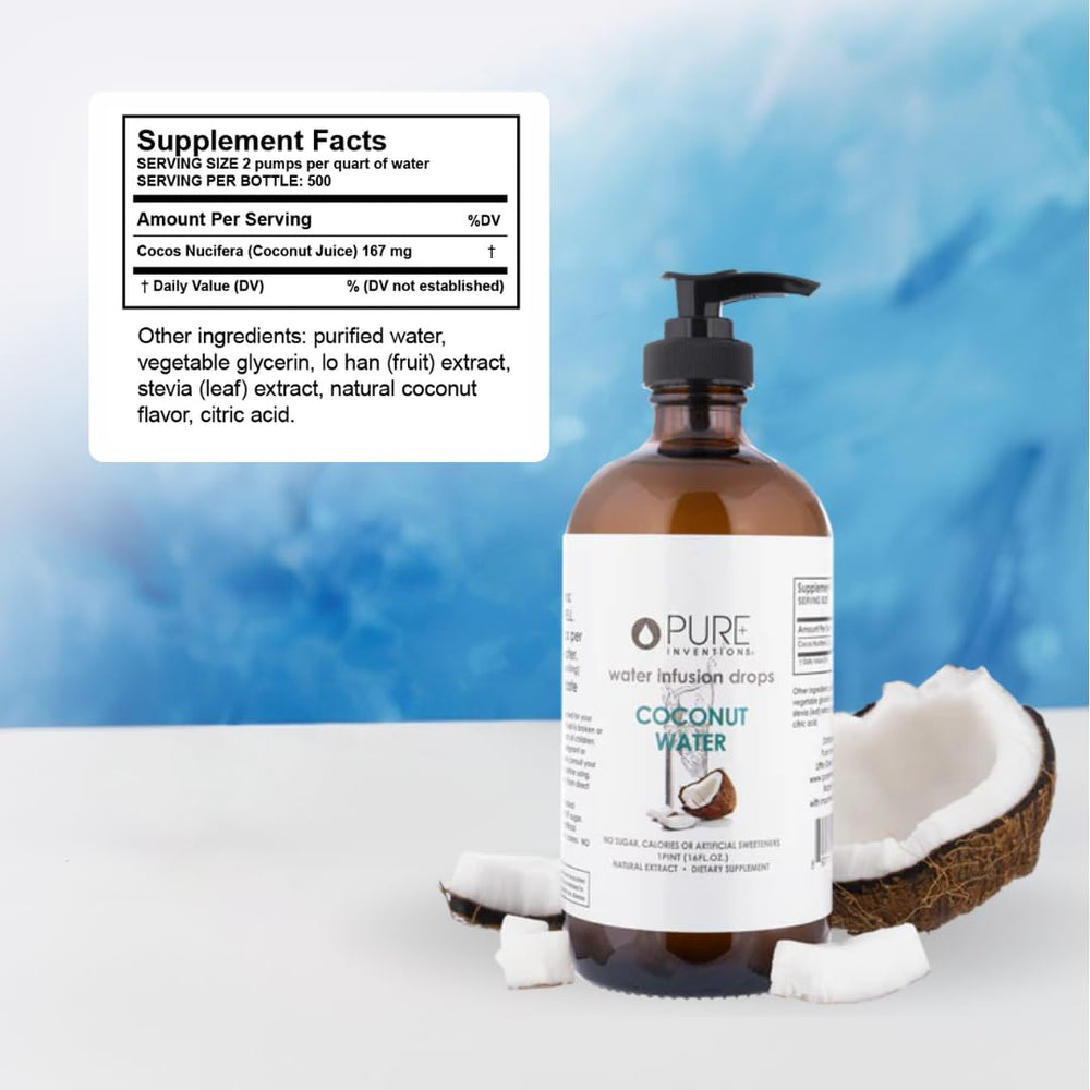 Coconut flavor notes enrich plain water with tropical depth from Pure Inventions drops.