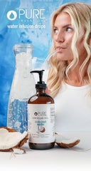 Pure Inventions Coconut Water Infusion Drops glass bottle eco packaging highlights sustainability.