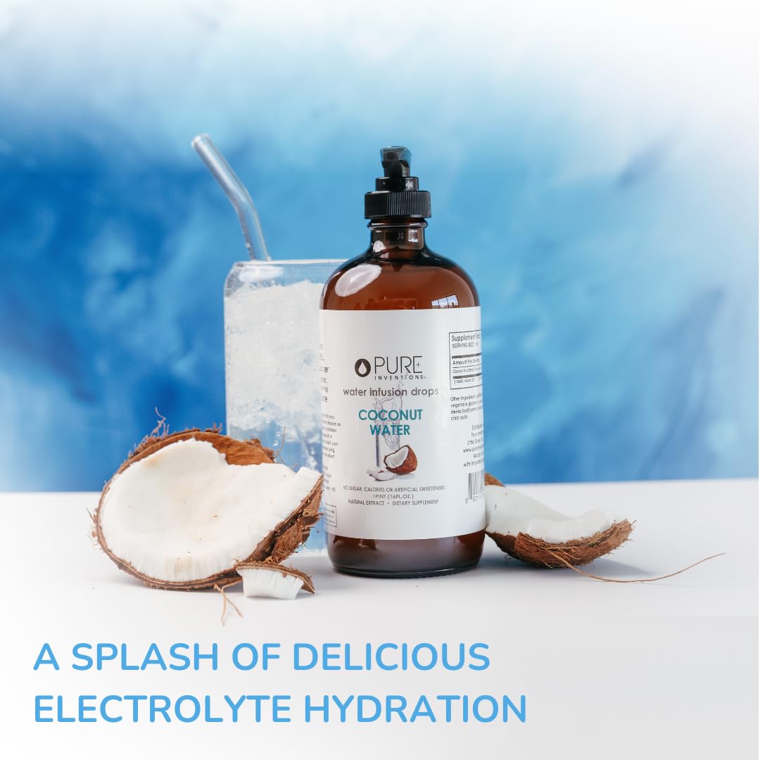 Glass bottle packaging preserves purity for Pure Inventions Coconut Water Infusion Drops.