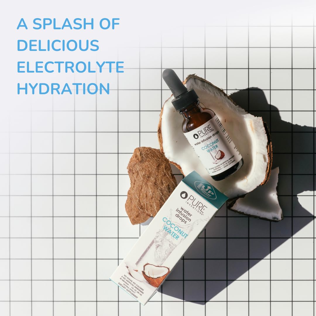 Pure Inventions Coconut Water Infusion Drops in water glass show refreshing zero-calorie hydration.