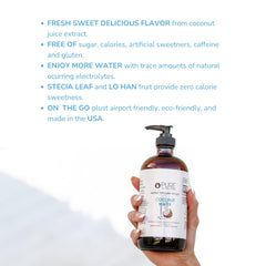 Ingredient panel highlights coconut juice extract and natural sweeteners in Pure Inventions drops.