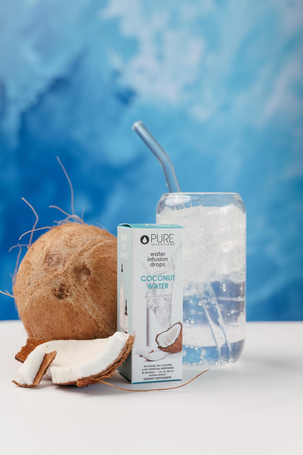 Pure Inventions Coconut Water Infusion Drops kitchen scene for everyday hydration.