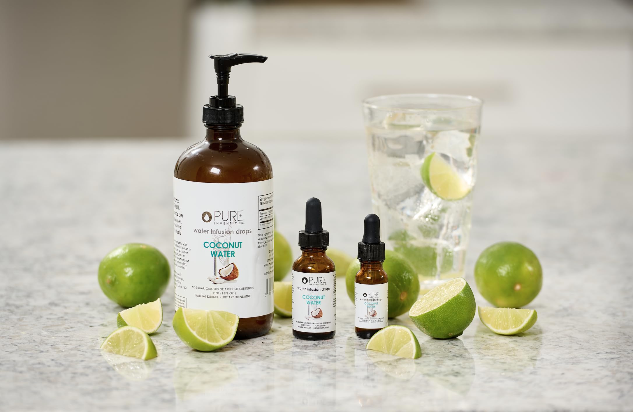 16oz bottle of Pure Inventions Coconut Water Infusion Drops ready for travel.