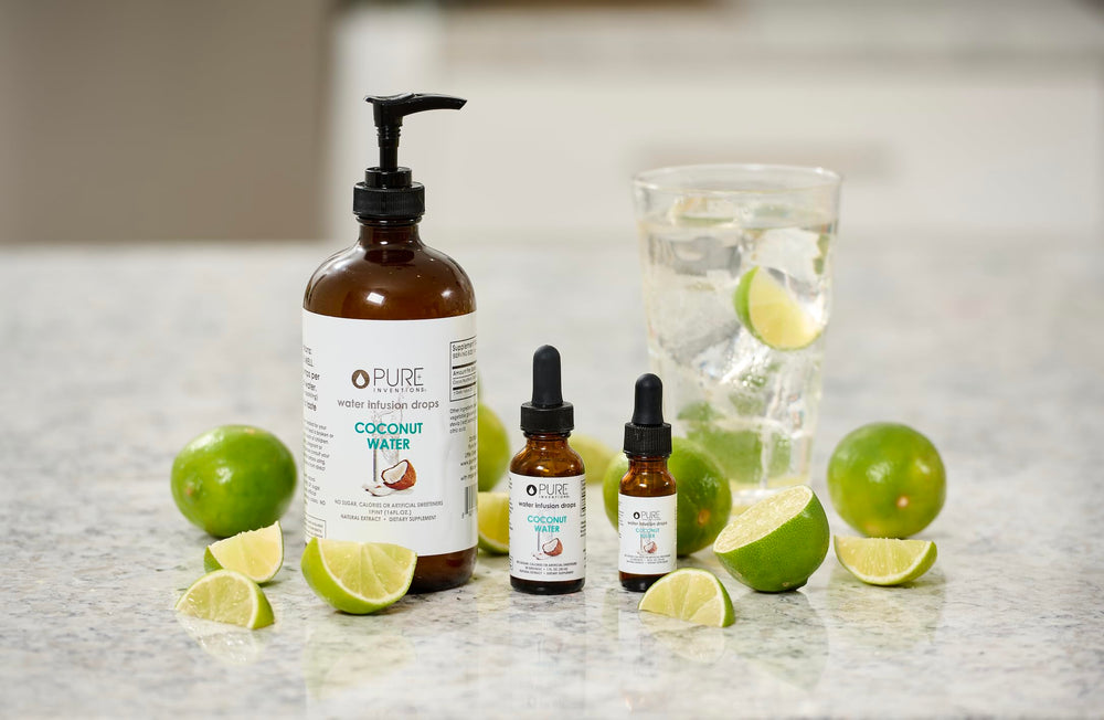 16oz bottle of Pure Inventions Coconut Water Infusion Drops ready for travel.