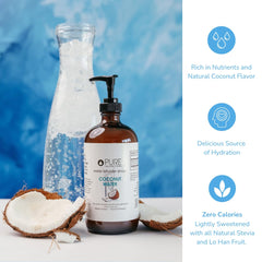 Pouring Pure Inventions Coconut Water Infusion Drops into water to enhance flavor and electrolytes.