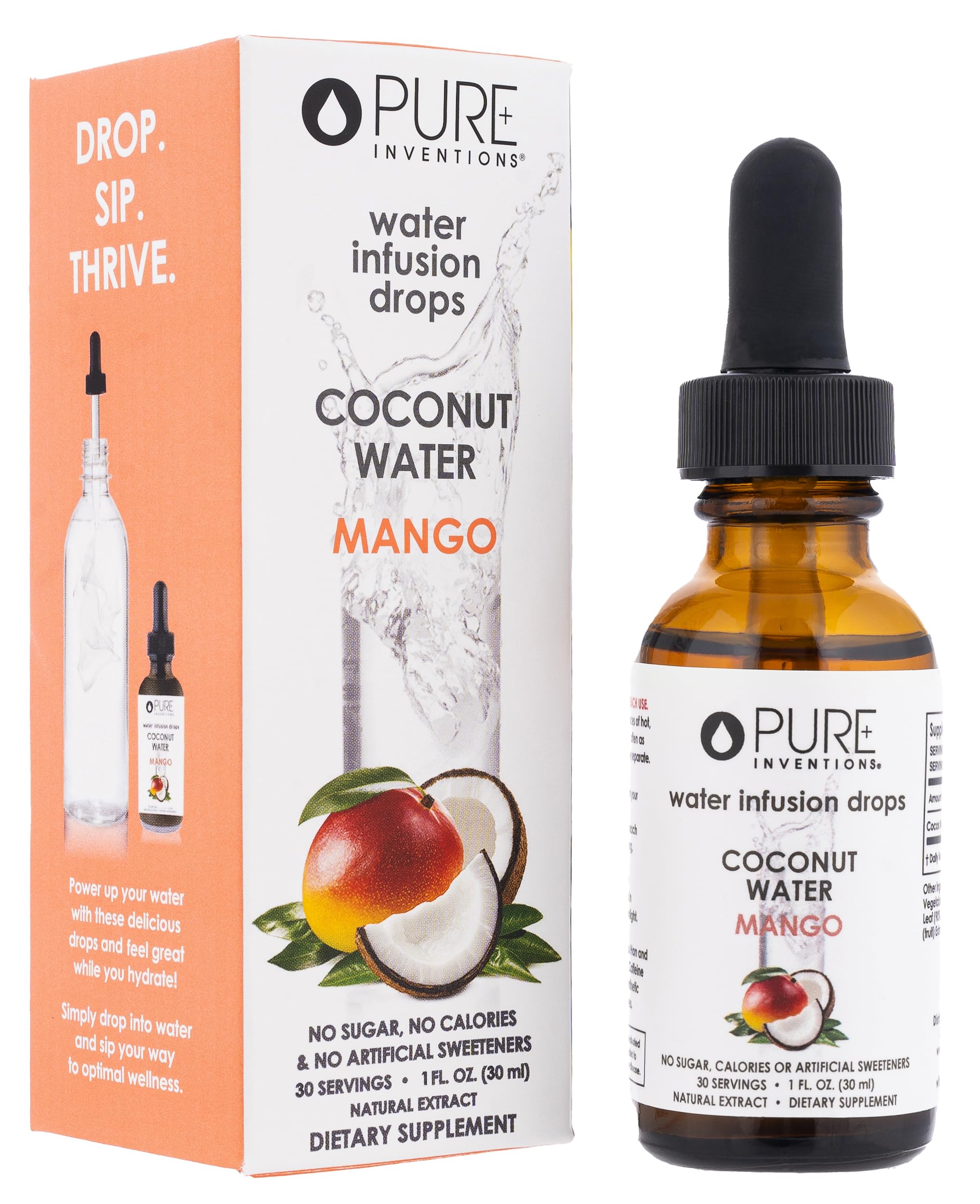 Pure Inventions Mango Coconut Water Infusion Drops bottle with electrolytes for all-day hydration
