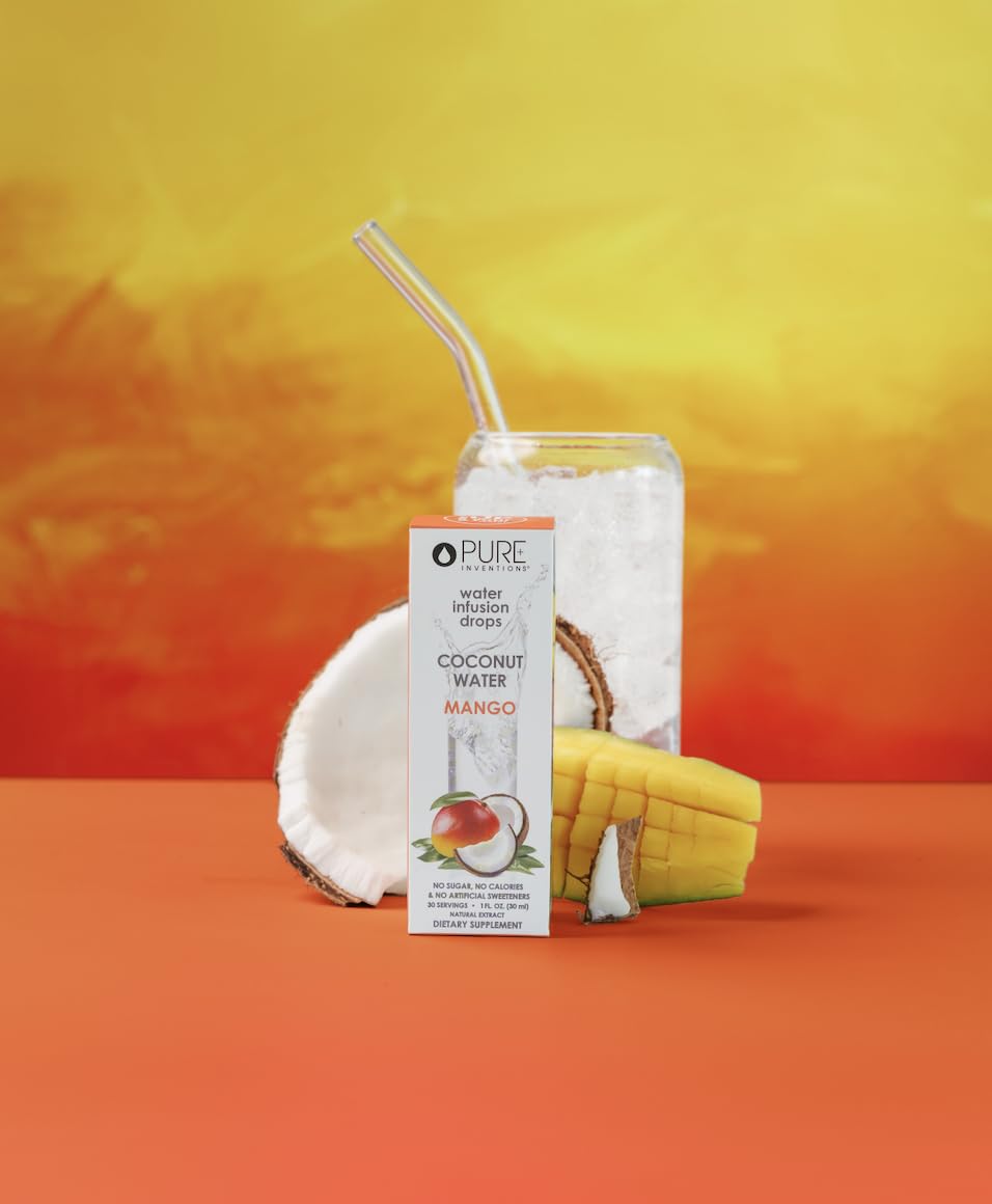 Pure Inventions Mango Coconut Water Infusion Drops label emphasizes clean ingredients