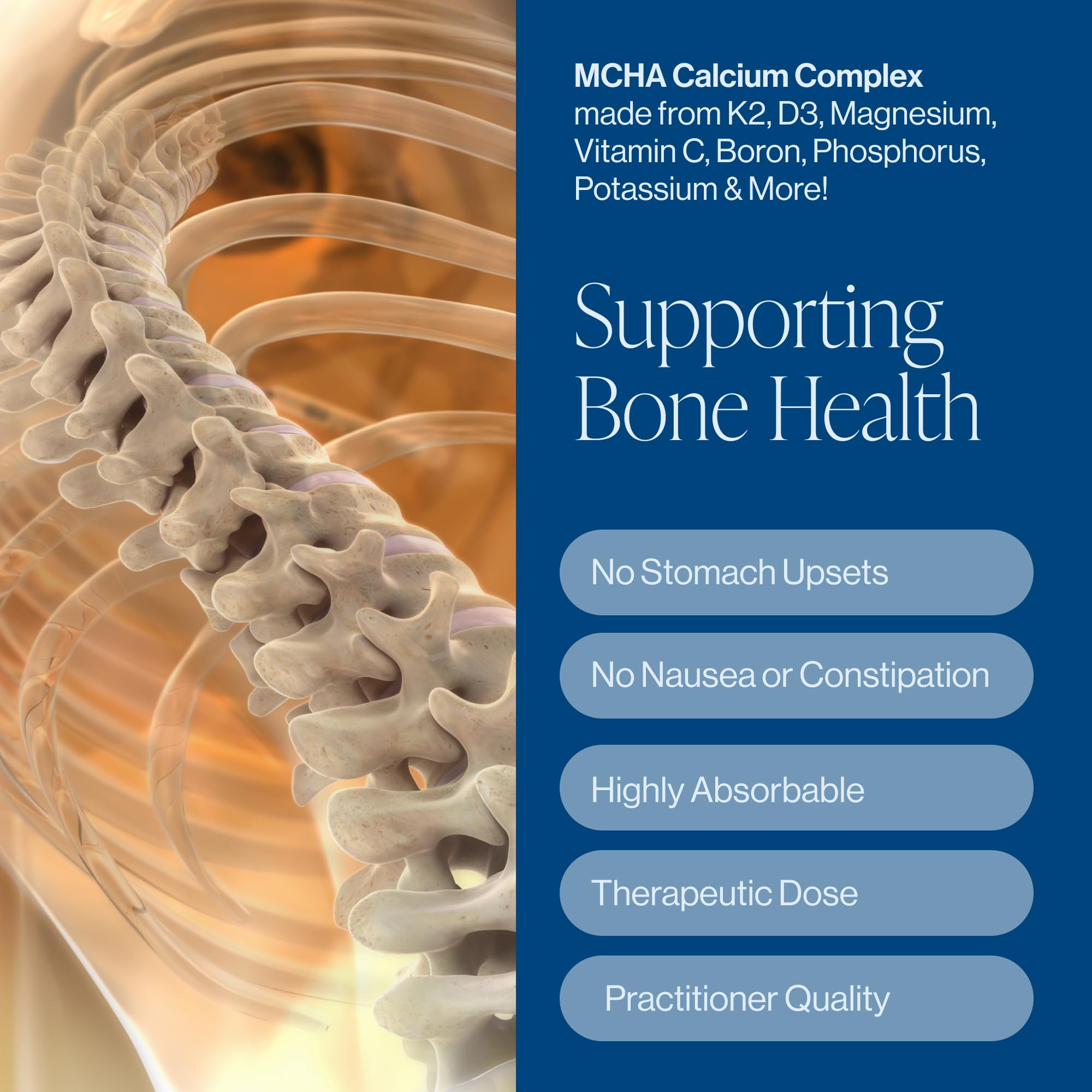 Pure Micronutrients bone-support ingredients chart featuring Mg, Zn, D3, and K2.