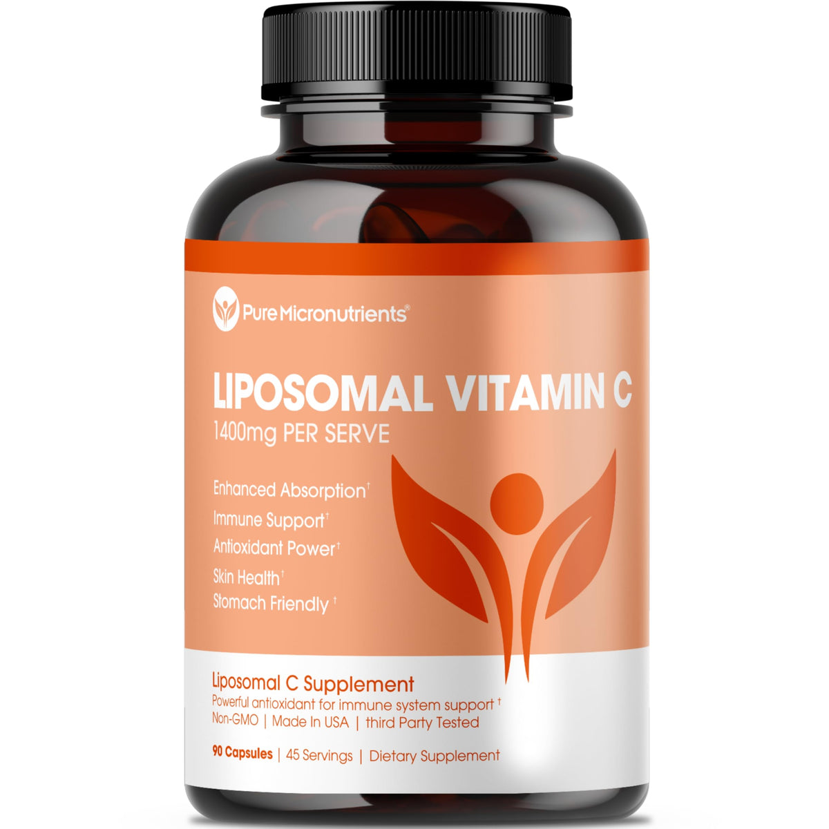 Pure Micronutrients Liposomal Vitamin C bottle front highlighting high absorption and vitality.