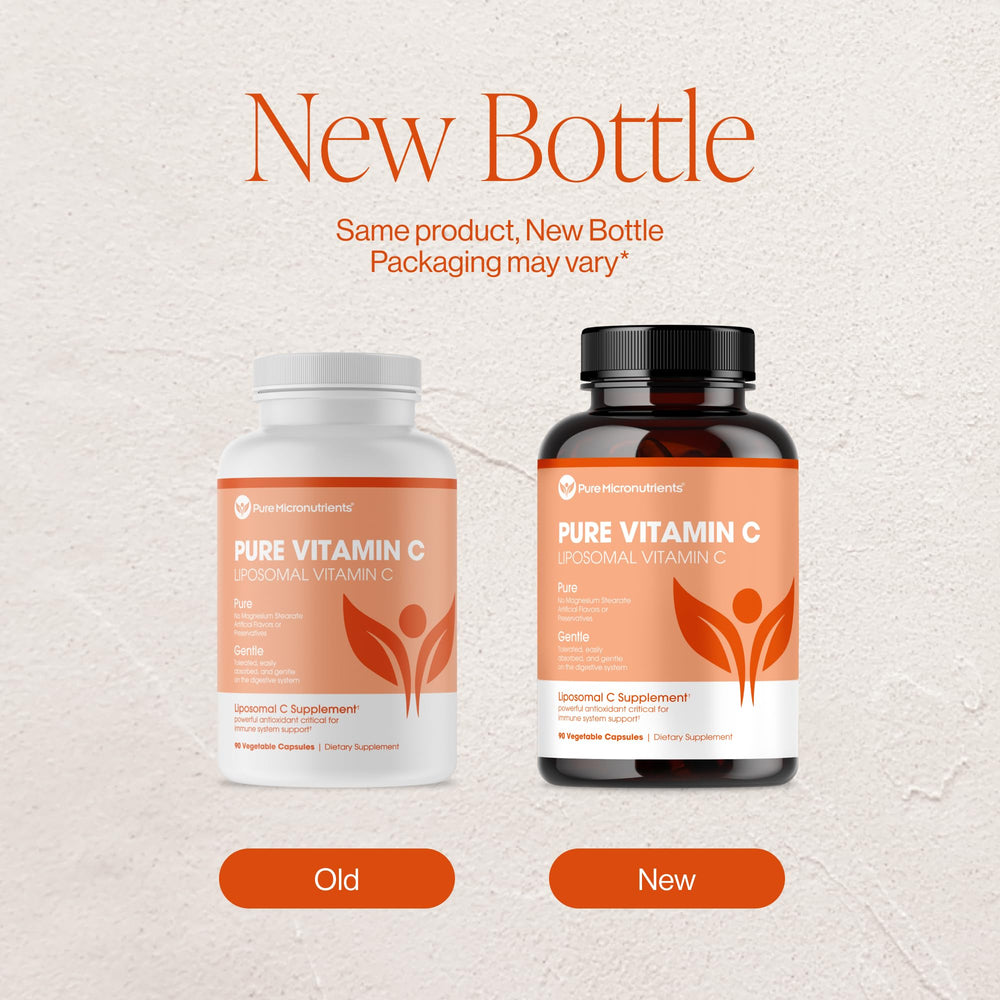 Pure Micronutrients Liposomal Vitamin C bottle packaging highlights 90 capsules for long-term use.