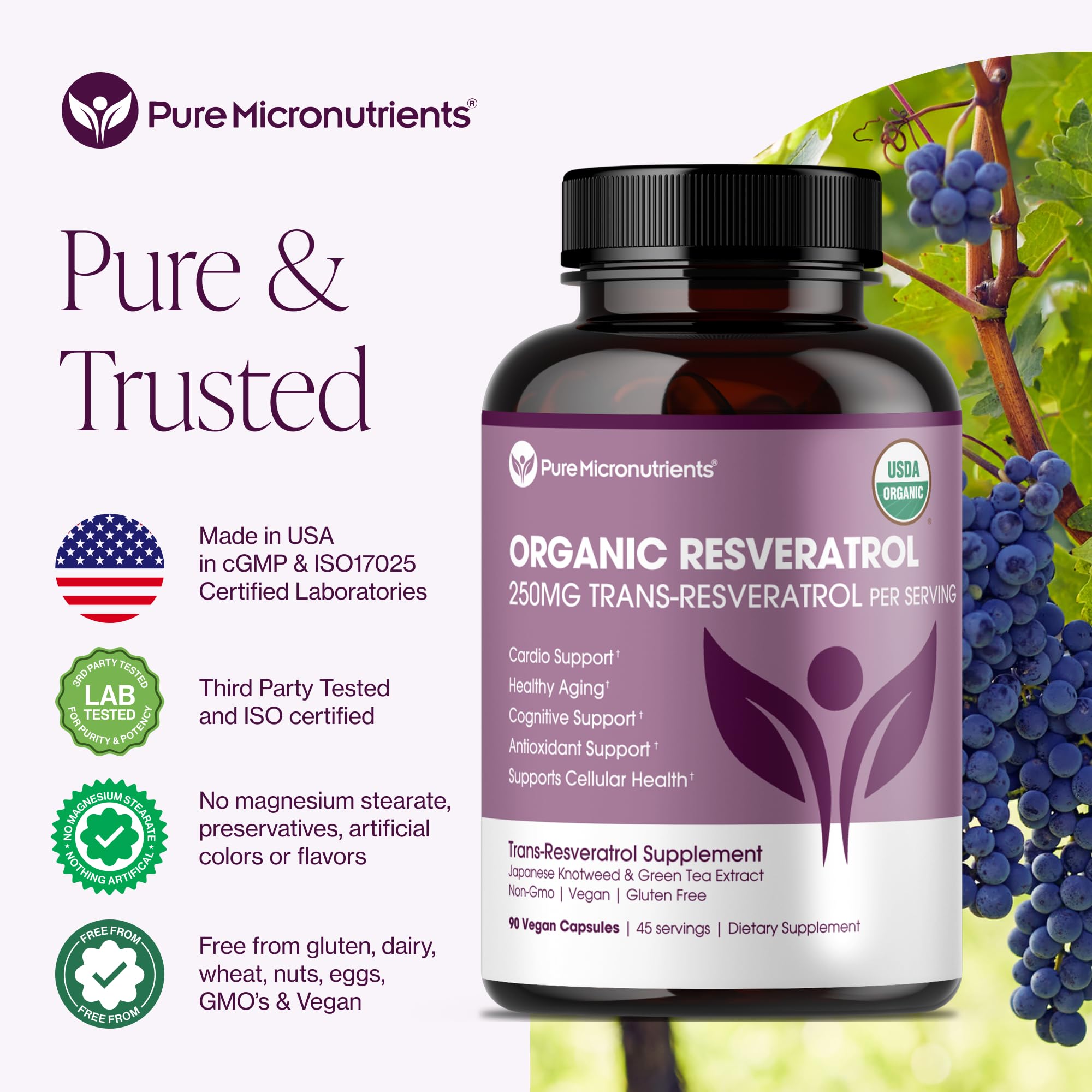 Pure Micronutrients resveratrol bottle showing USA-made manufacturing.
