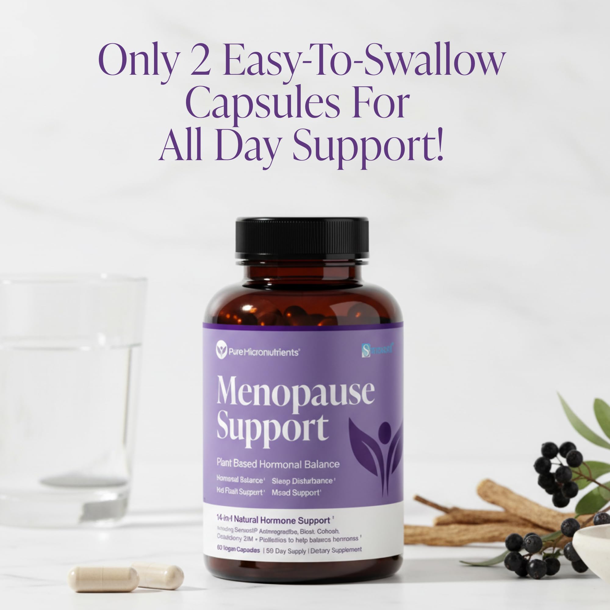 Pure Micronutrients menopause bottle with glass implies measured dosing